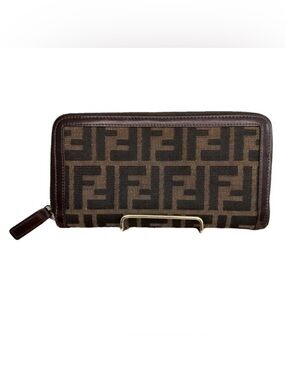 Fendi Vintage Brown Zucca Monogram Zippy Wallet Leather Trim
